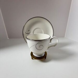 Noritake Platinum Wave Tea Cup Saucer Set 9317L Fine Porcelain Silver Swirl